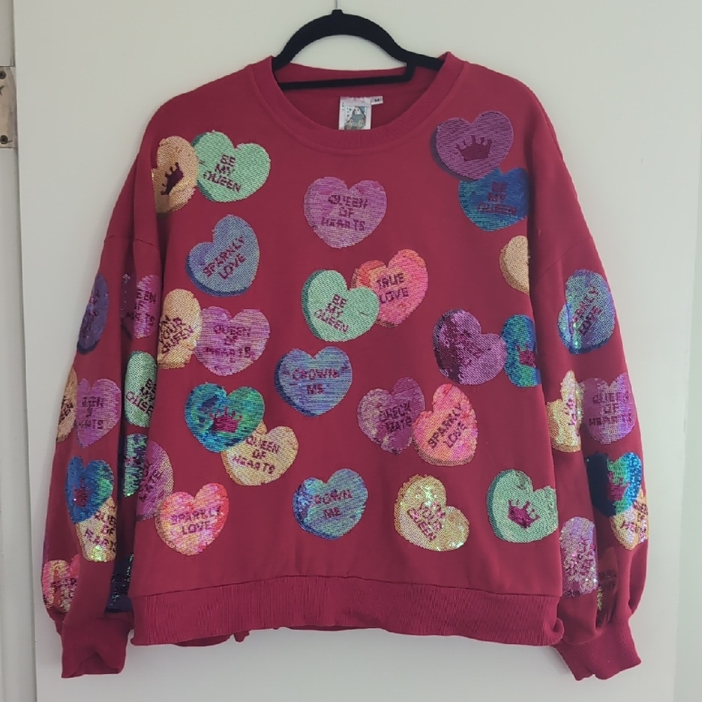 QUEEN OF SPARKLES Red Sequin Heart Sweatshirt